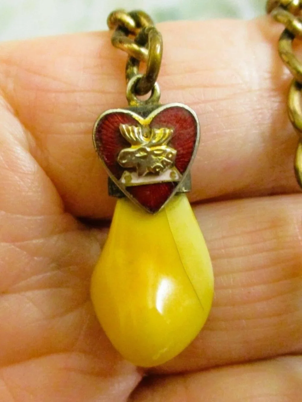 Vintage LOOM Tooth Watch Fob Chain, Guilloche Enamel Heart, Gold Filled